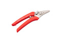 Red-handled pruning shears on a gray background. Craft shears for cutting wires and artificial flowers
